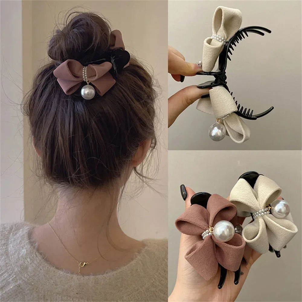 Pearl Bow Ponytail Holder Sweet Plush Hair Claw Korean Fashion Hairgrips Elegant Soft Solid Hair Clip for Girls Hairpin Headwear