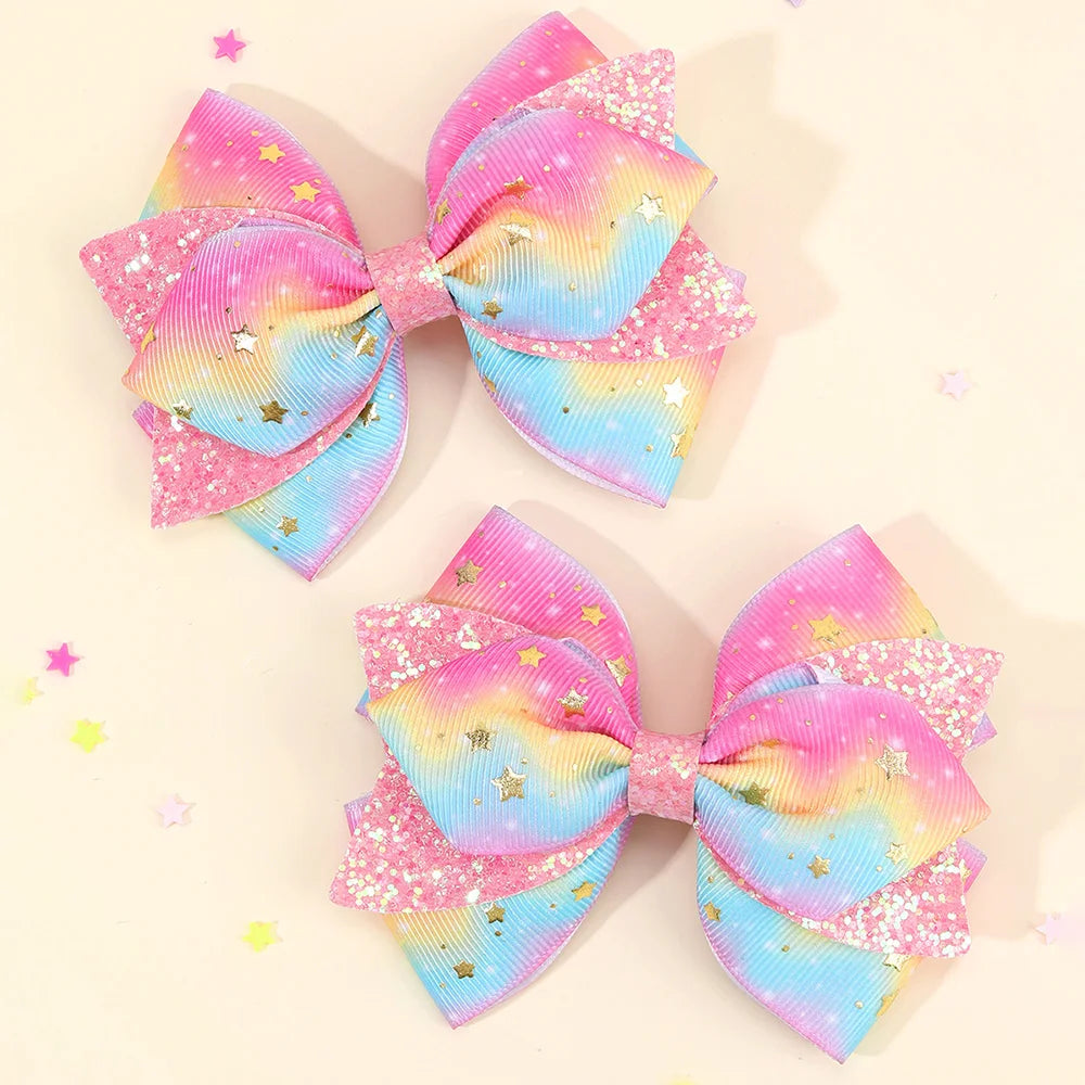 2Pcs Rainbow Star Hair Clips Sweet Glitter Sequin Hairpins New Ribbon Barrette For Girls Children Headwear Hair Accessories Gift party girls