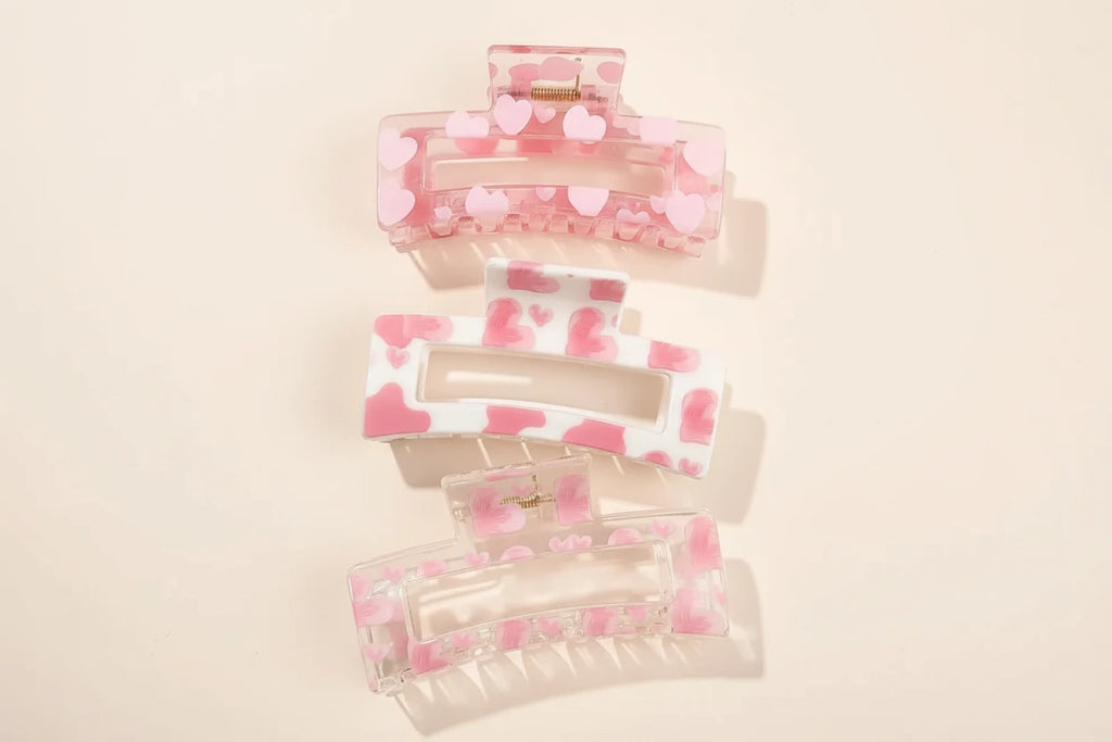 3 x  Pink Love Print  Claw Clips