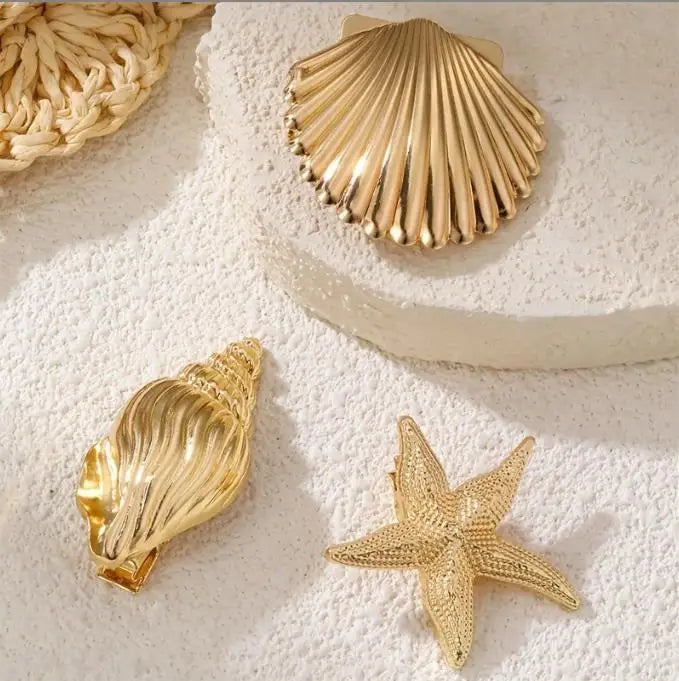 New Fashionable Europe and America Golden Starfish Shell Duckbill Hair Clip for Women Elastic Girl Hair Accessories Headwear cruise holiday beach party