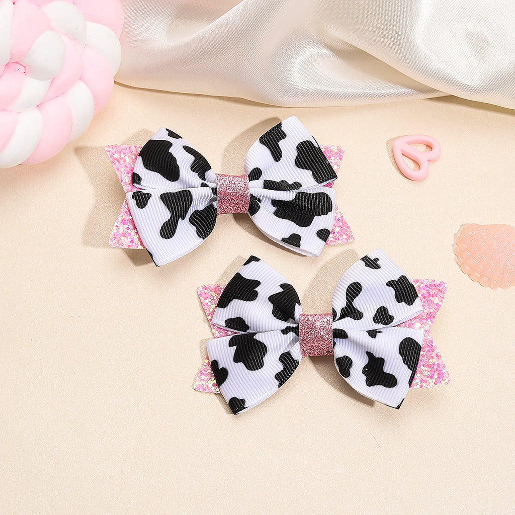 2Pcs Cow Print Bow Hair Clip Sweet Cute Dot Bownot Glittering Hairpin For Kid Girls Children's School Daily Headwear Accessories