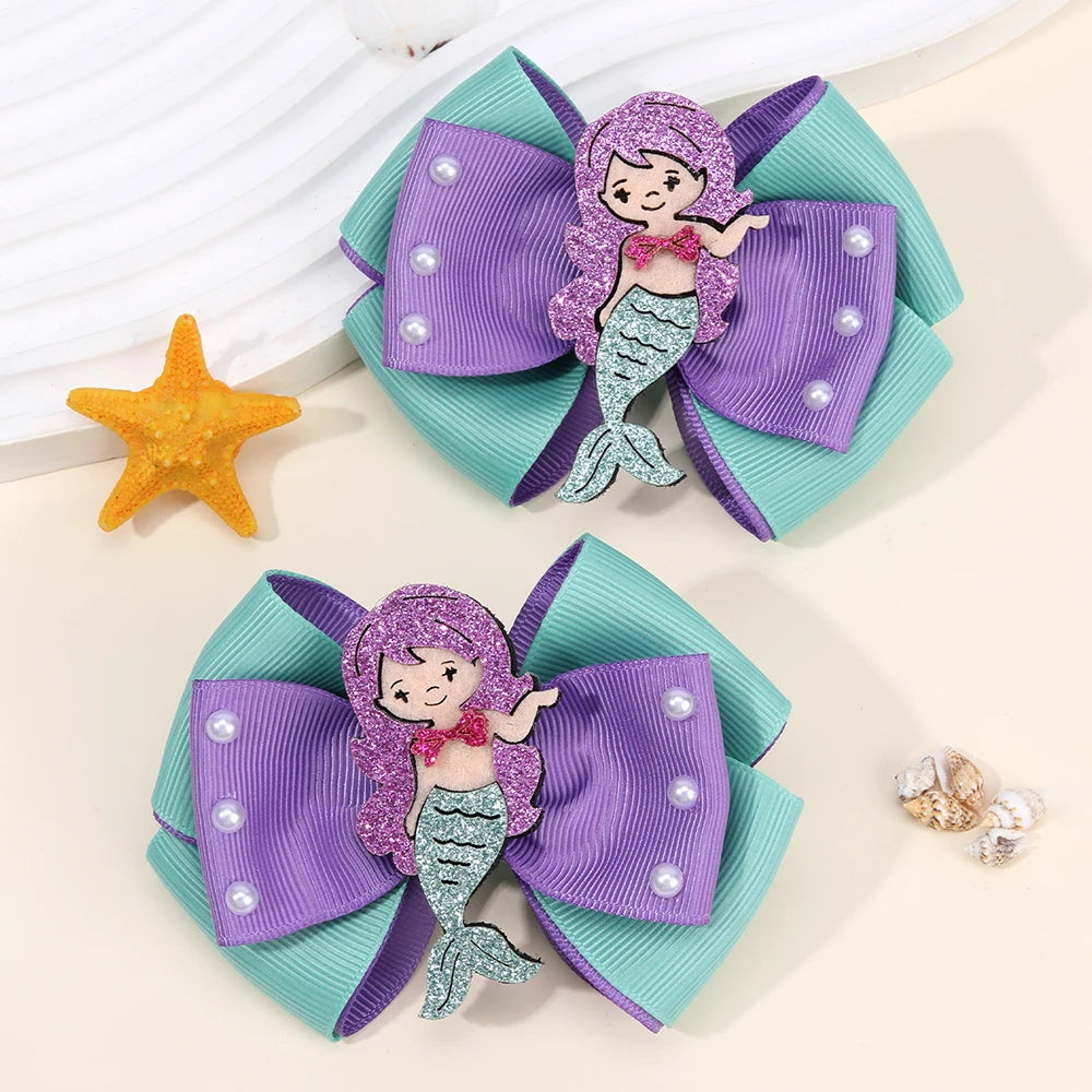 2Pcs Girls Mermaid Bow Hair Clips Cute Cartoon Mermaid Pearls Hairpins Octopus Curled Grosgrain Ribbon Barrette Hair Accessories