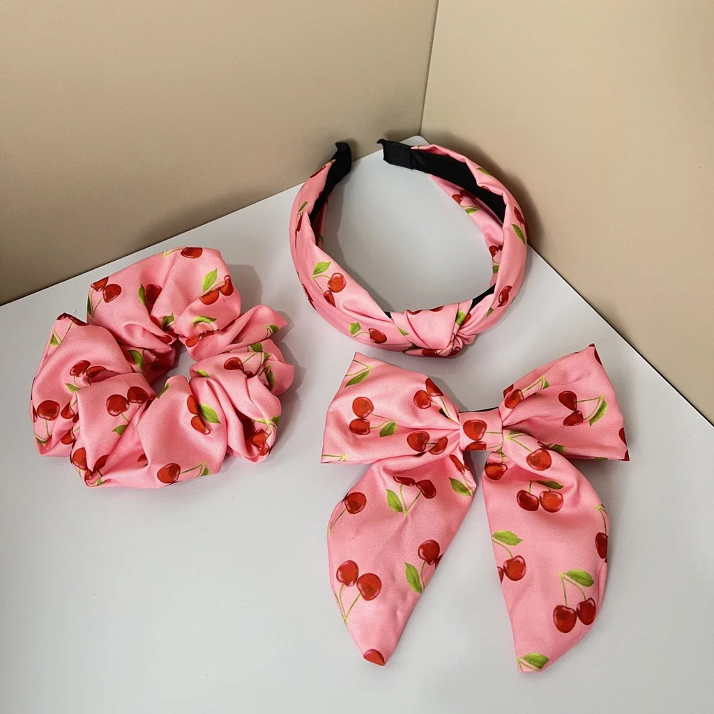 3PCS Fabric Solid Color Flower Fruit Pattern Lemon Orange Cherry Wide Knot Hairband Hair Accessories Set
