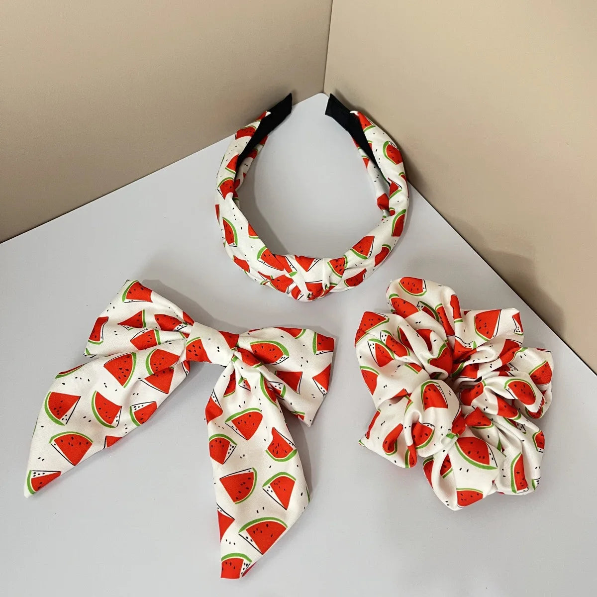 3PCS Fabric Solid Color Flower Fruit Pattern Lemon Orange Cherry Wide Knot Hairband Hair Accessories Set