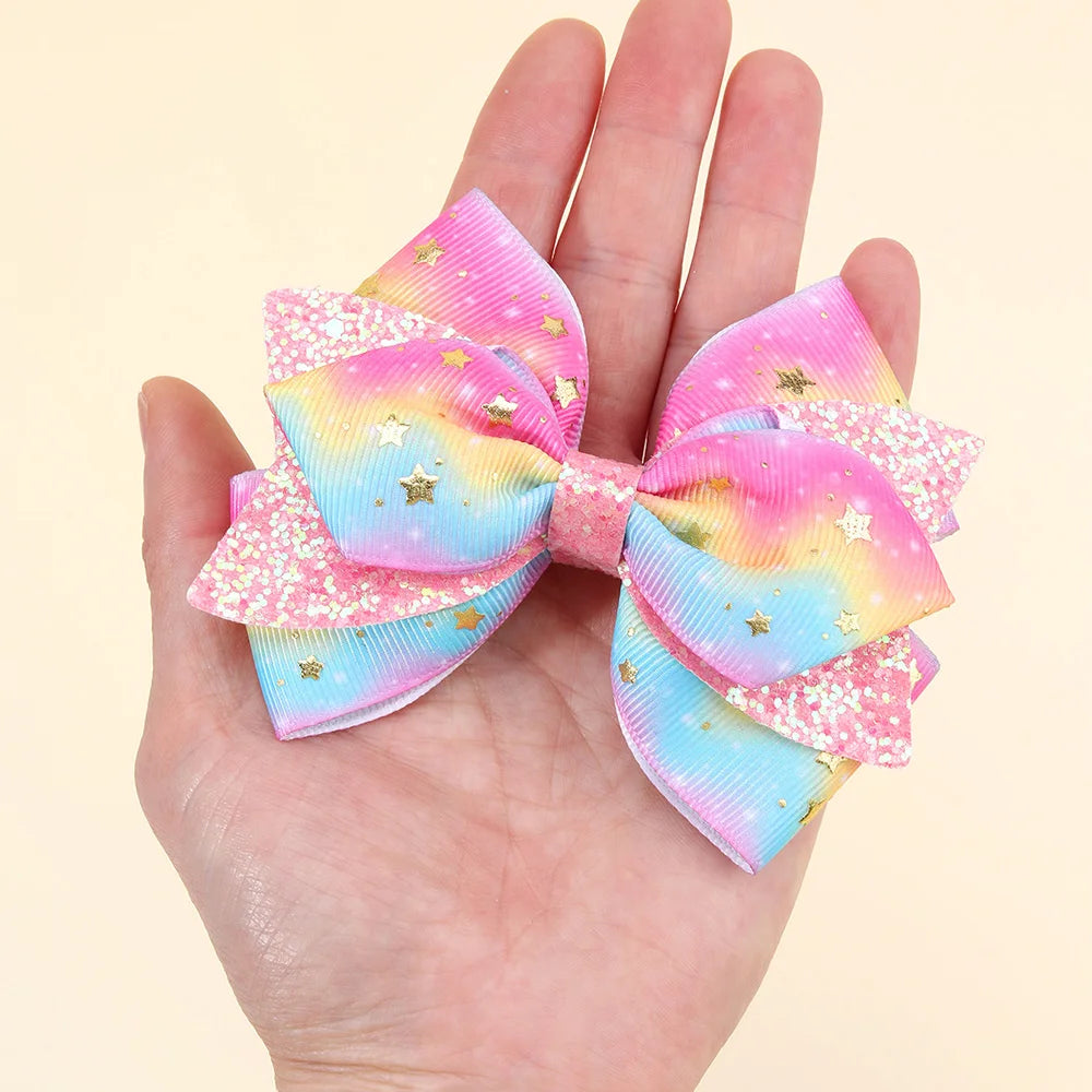 2Pcs Rainbow Star Hair Clips Sweet Glitter Sequin Hairpins New Ribbon Barrette For Girls Children Headwear Hair Accessories Gift party girls