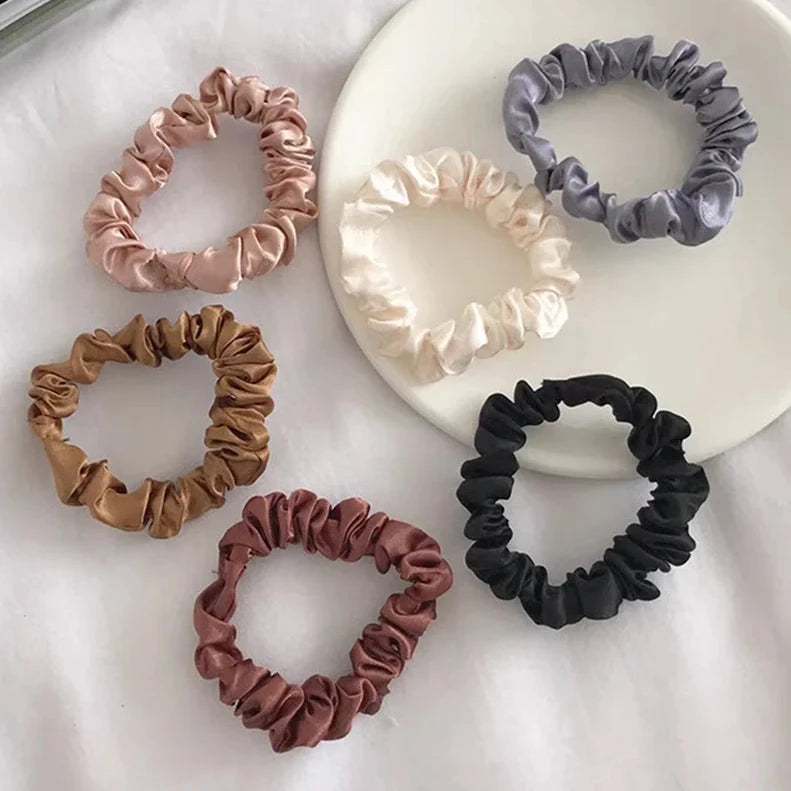6pcs/lot Pure Silk Small Scrunchie Hair Bow Ties Ropes Bands Simple Satin Headwear Elastic Ponytail Holders For Women Girls bobbles