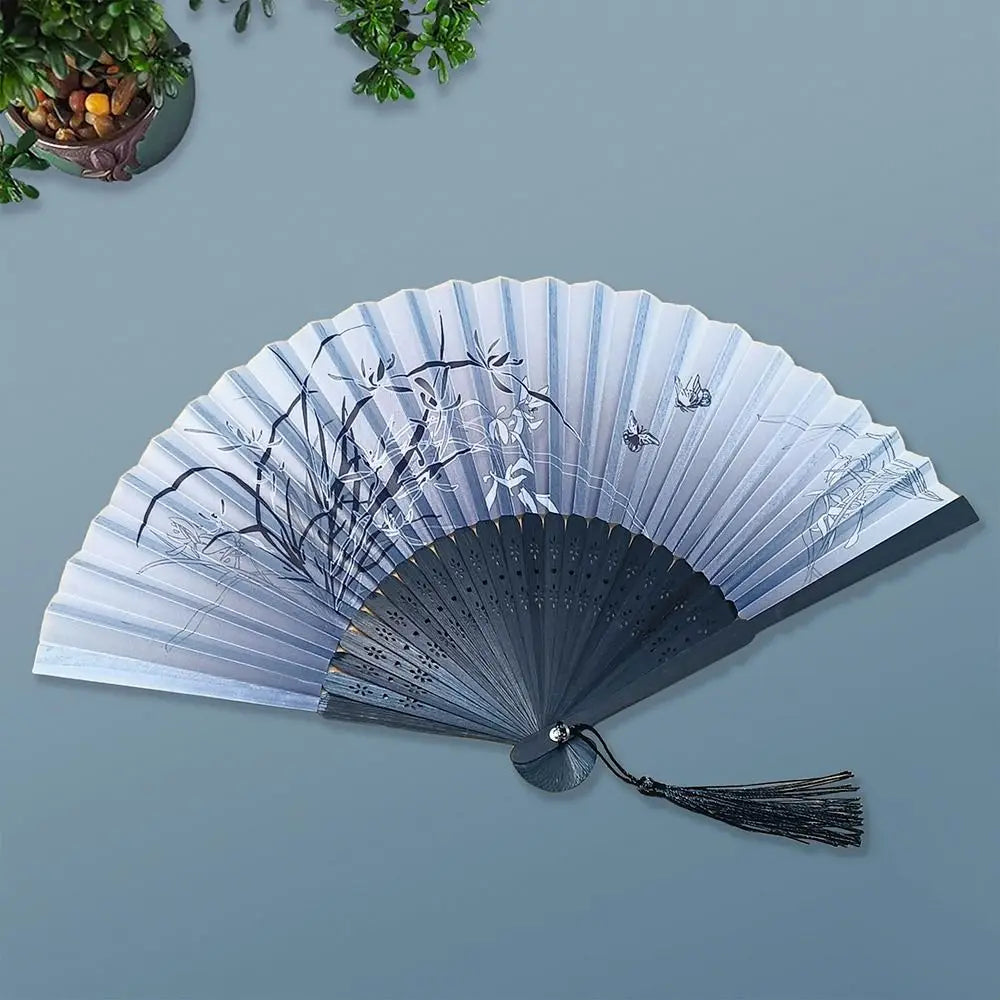 2024 Silk Vintage Folding Fan Colorful Tassel Elegent Hand Fan Hand Fan Bamboo Shank Classical Dance Fan Female