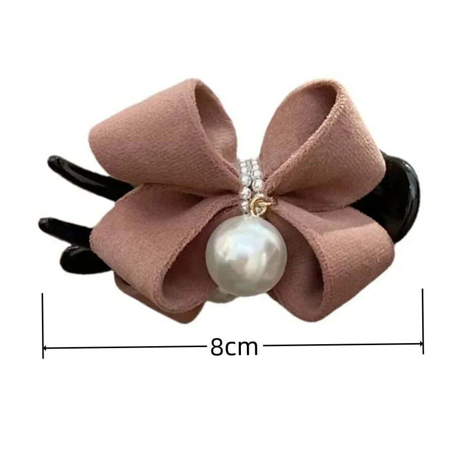Pearl Bow Ponytail Holder Sweet Plush Hair Claw Korean Fashion Hairgrips Elegant Soft Solid Hair Clip for Girls Hairpin Headwear