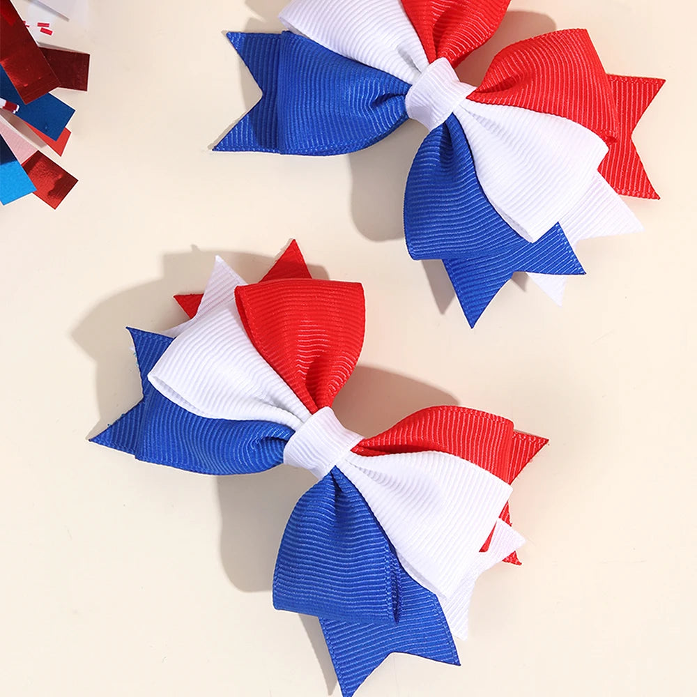 2Pcs USA Flag Bow Hair Clip Ribbon Patriotic American Flag Design Red White Blue Bow Barrettes For 4th Of July Party Accessories trip to America Florida New York holiday