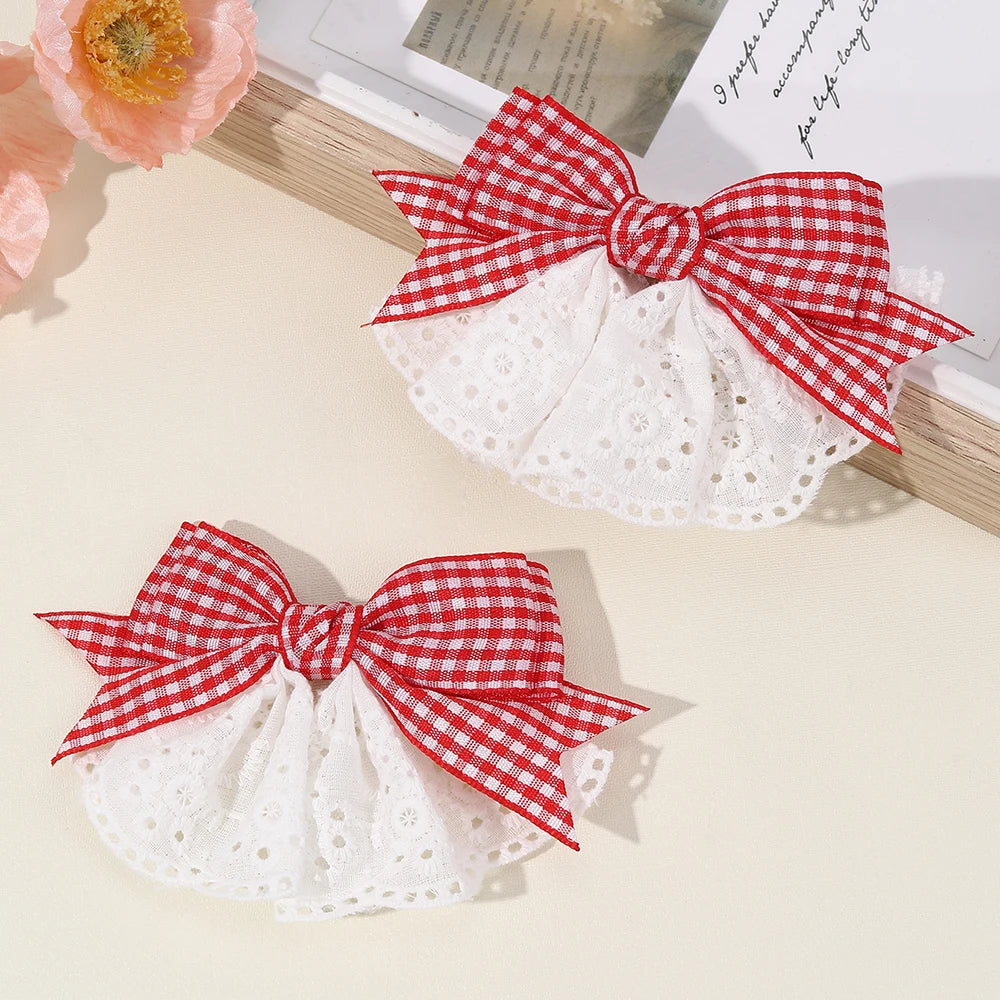 2Pcs New Korean Red Plaid Bow Hair Clips For Girls Cute White Lace Flower Hairpins Sweet Daily Trendy Headwear Hair Accessories
