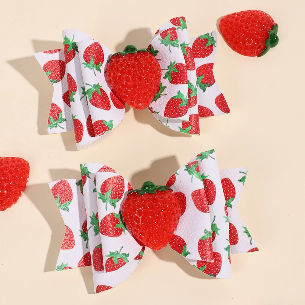2pcs/Pack Sparkling Fruit Shaped 3D Strawberry Decoration Leather Hair Clips for Girls, Toddler Girl Hair Accessories Headwear
