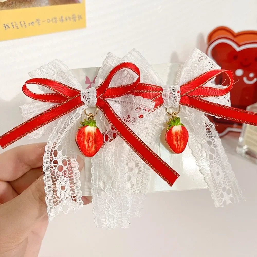 1pair Cute Red Cherry Hair Clip Cloth Bow Headflower Strawberry Side Hairpins Barrettes Headwear Bow Hairpins Girls