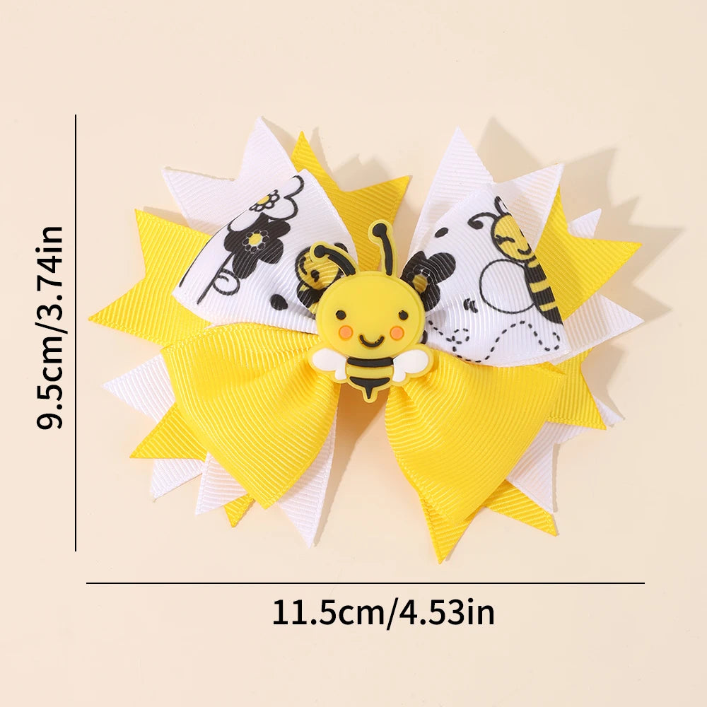 2Pcs Cartoon Floral Print Bow Hairpin Elegant Soft Gel Bee Hair Clip Back To School For Baby Girl Children Accessories Headdress