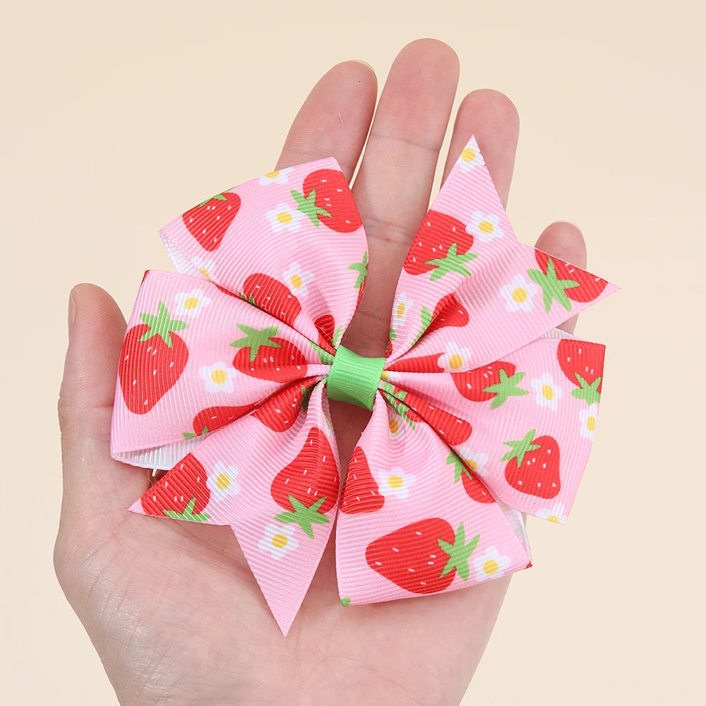 2Pcs juicu Strawberry scrunchie Hair Clips Pink Sweet Flower Print Hairpin Trendy Barrette For Girls Children Kids Headdress Accessories