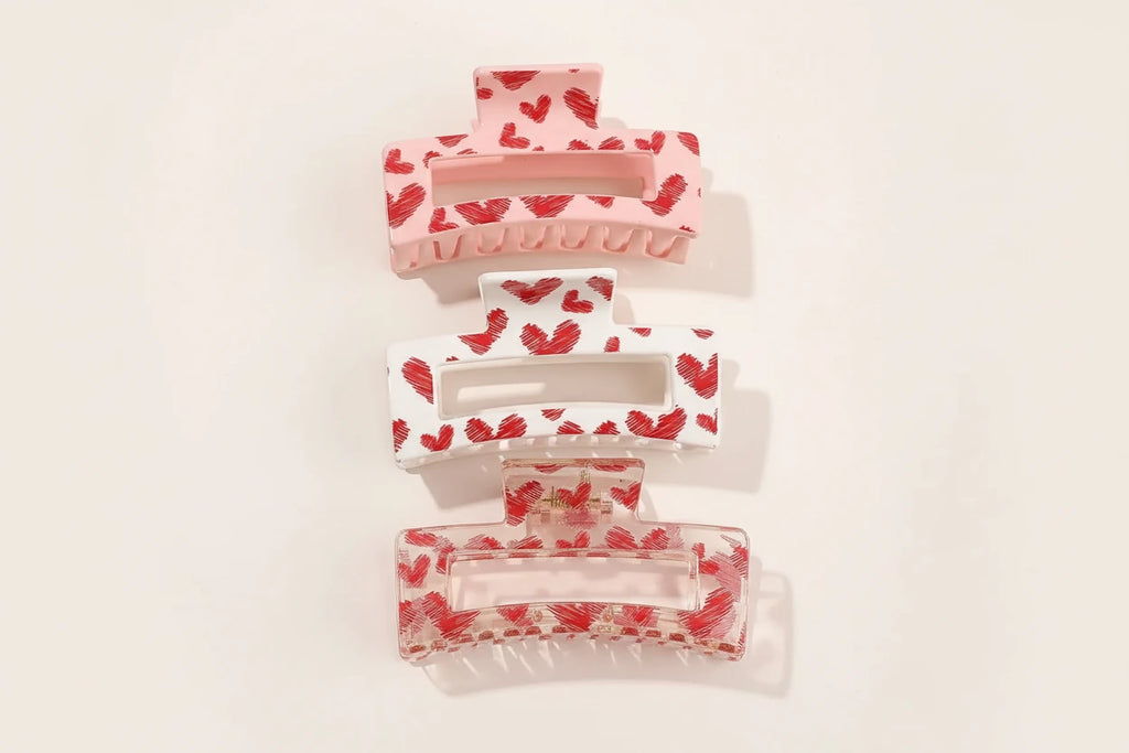 3 x  Pink Love Print  Claw Clips