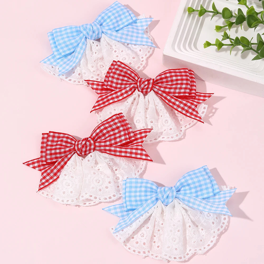 2Pcs New Korean Red Plaid Bow Hair Clips For Girls Cute White Lace Flower Hairpins Sweet Daily Trendy Headwear Hair Accessories