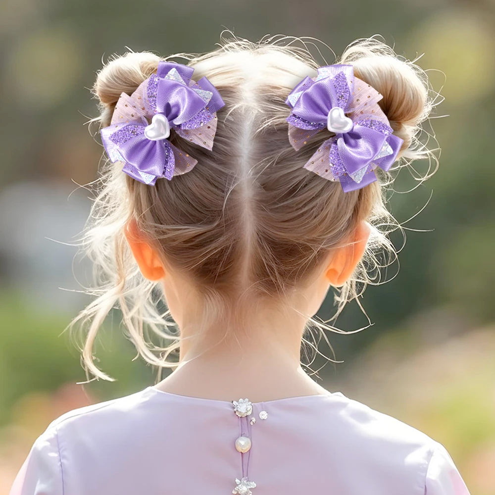 2Pcs Trendy Chiffon Bow Hair Clips For Girls Mesh Dot Hairpins Glitter Three-Tier Bownot Barrette Children Headwear Accessories