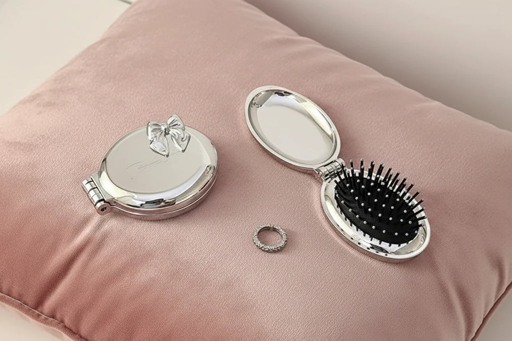 Folding hair brush compact mirror