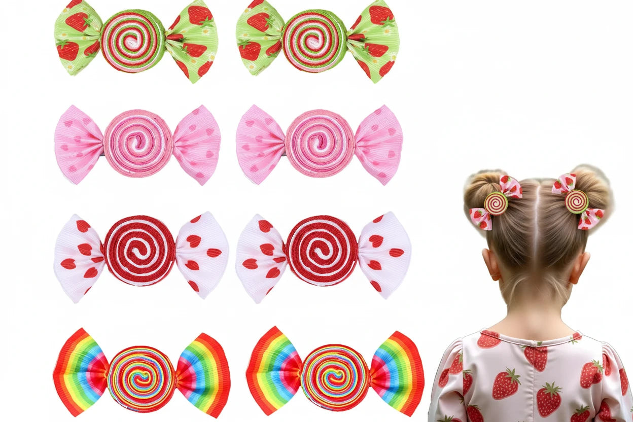 2Pcs Candy Bow Hair Clips Sweet Strawberry Heart Print Hairpins Rainbow Barrette For Girls Kids Children Headwear Accessories