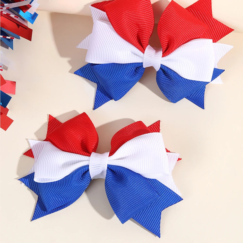 2Pcs USA Flag Bow Hair Clip Ribbon Patriotic American Flag Design Red White Blue Bow Barrettes For 4th Of July Party Accessories trip to America Florida New York holiday