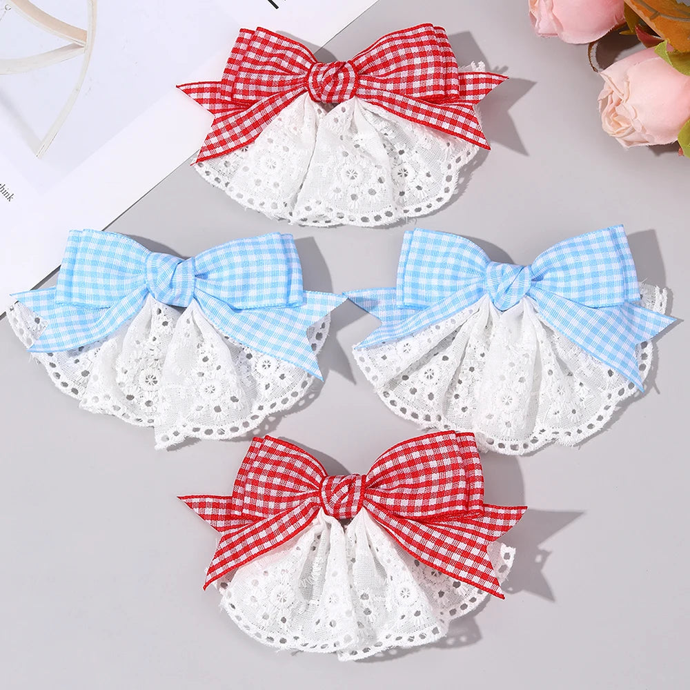 2Pcs New Korean Red Plaid Bow Hair Clips For Girls Cute White Lace Flower Hairpins Sweet Daily Trendy Headwear Hair Accessories