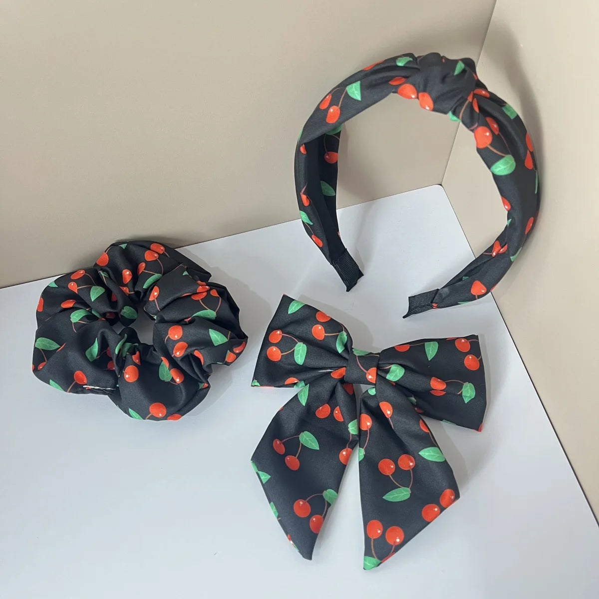 3PCS Fabric Solid Color Flower Fruit Pattern Lemon Orange Cherry Wide Knot Hairband Hair Accessories Set