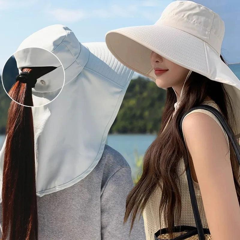 Women Large Brim UV Protection Sun Hat Summer Fiing Cap Breathable Outdoor Fishing Hiking Wide Brim Shawl Sunscreen Ponytail Cap
