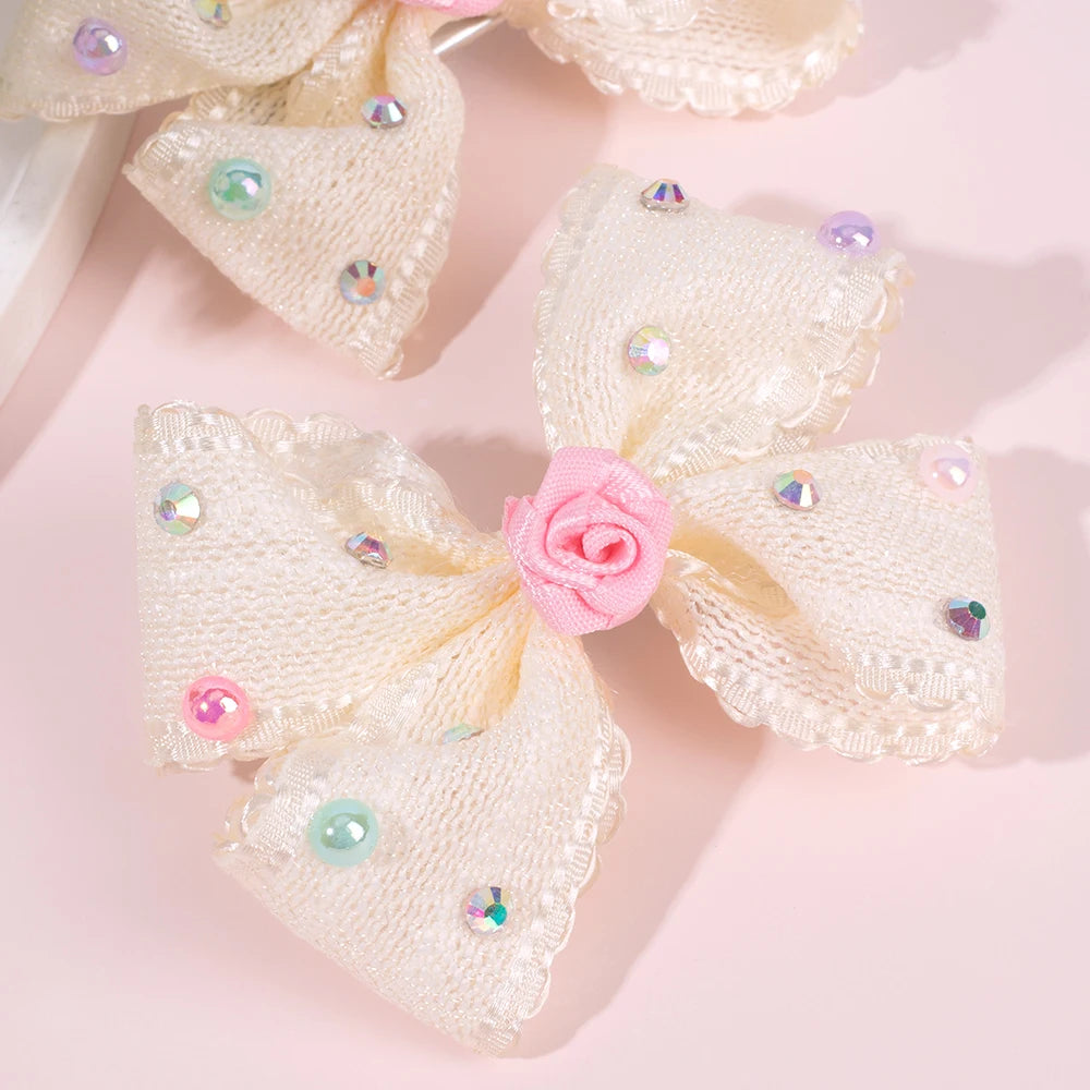 2Pcs Sweet Flower Bow Hair Clip Korean Solid Rose Rhinestone Barrettes Side Hairpins For Girls Children Headdress Accessories