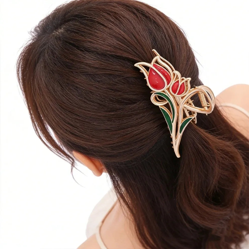 Fashion Metal Flower Hair Clips Exquisite Lily Tulip Rose Shark Clip Advanced Non-Slip Hair Claw Hair Accessories