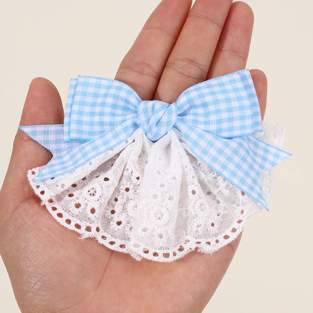 2Pcs New Korean Red Plaid Bow Hair Clips For Girls Cute White Lace Flower Hairpins Sweet Daily Trendy Headwear Hair Accessories