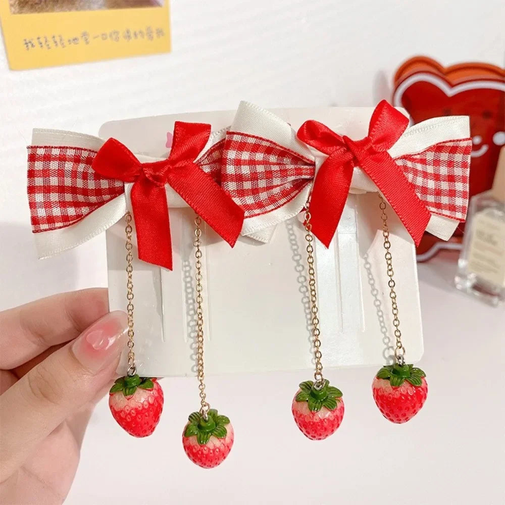 1pair Cute Red Cherry Hair Clip Cloth Bow Headflower Strawberry Side Hairpins Barrettes Headwear Bow Hairpins Girls