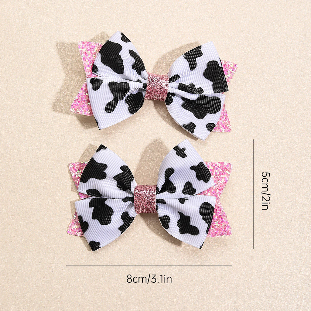 2Pcs Cow Print Bow Hair Clip Sweet Cute Dot Bownot Glittering Hairpin For Kid Girls Children's School Daily Headwear Accessories