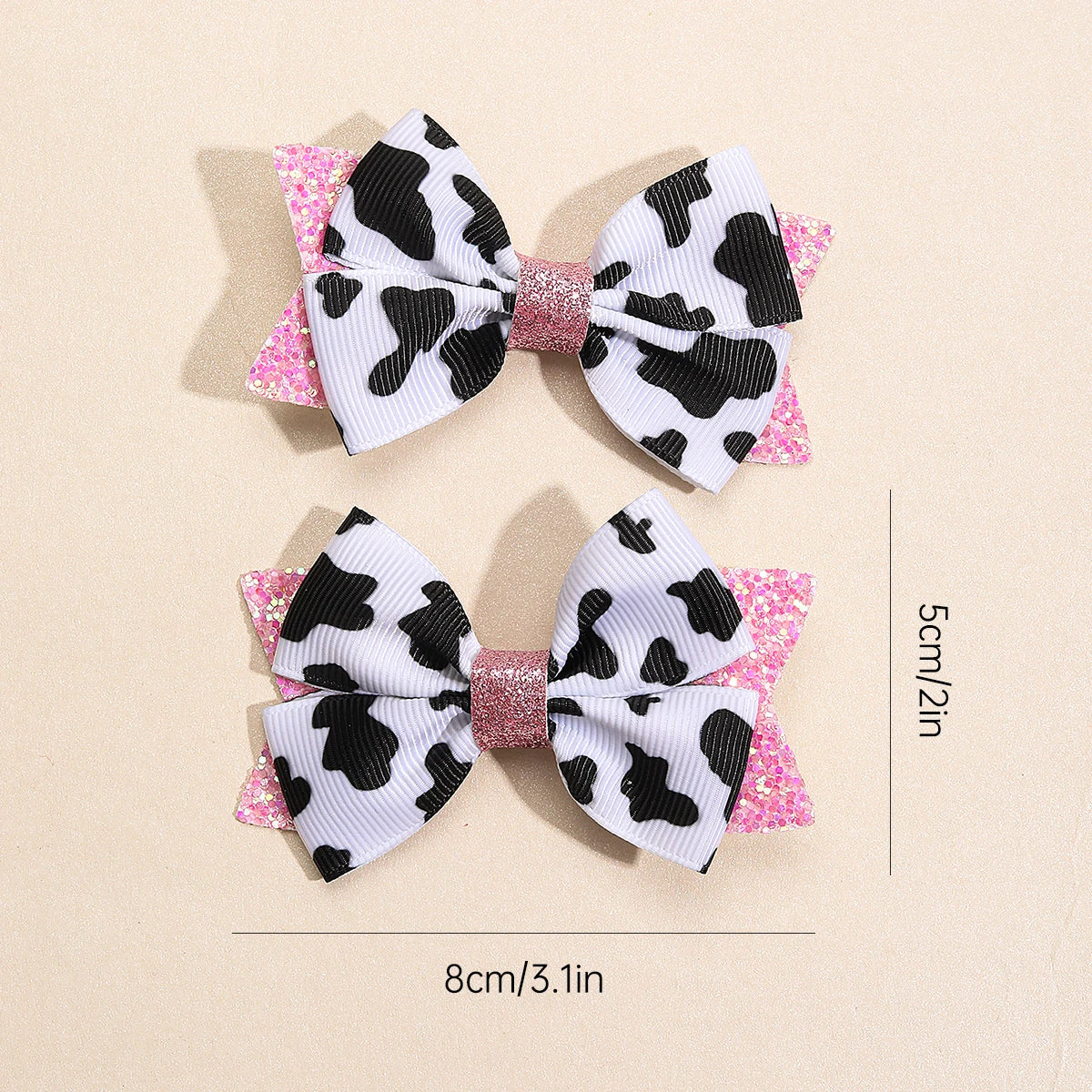 2Pcs Cow Print Bow Hair Clip Sweet Cute Dot Bownot Glittering Hairpin For Kid Girls Children's School Daily Headwear Accessories