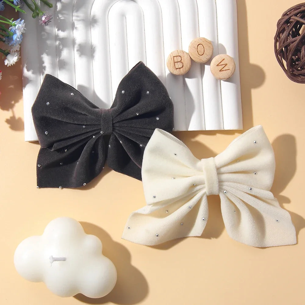 2PCS/Set Girl's Favorite Cute Bow Hair Clip Diamond Embellished Velvet Solid Color Bow Alloy Safe Hair Accessory Kids Gift
