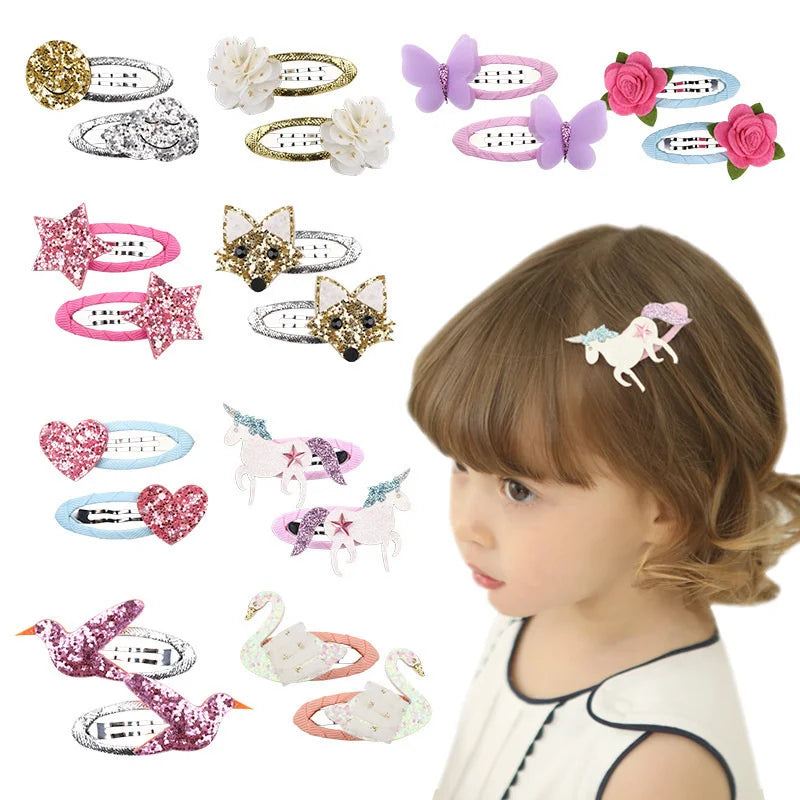 2 Pcs Cute Baby Girl Hair Clip Hairpin Accessory Rose Kids Children Headwear Infant Photo Props Bird Unicorn Fox Swan Star Heart