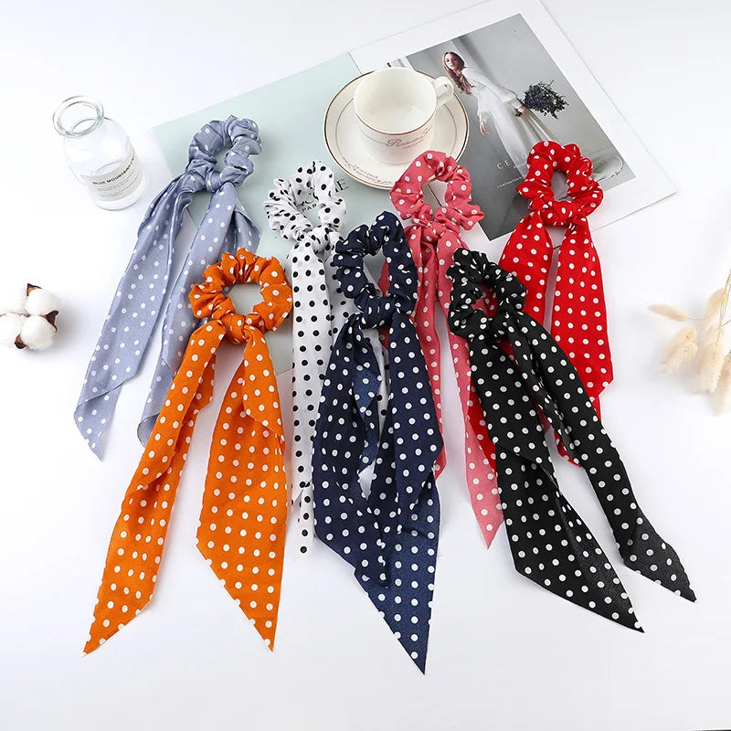 Fashion Dots Scrunchies Long Hair Rope Korean Hair Ties for Women Ponytail Scarf Sweet Elastic Hair Band Hair Accessories