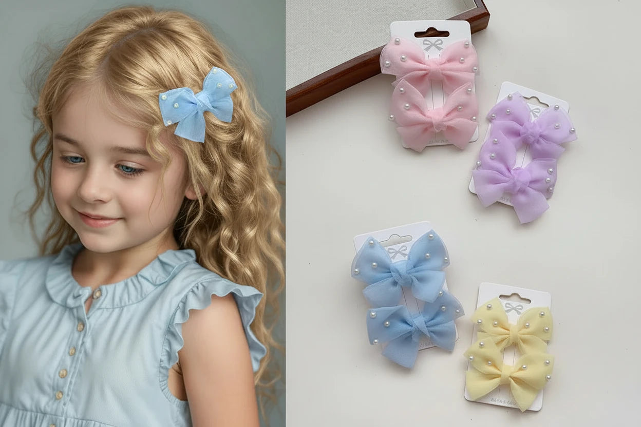 2 Pieces of Cute Multi-Coloured Bow Hair Clips for Girls with Faux Pearls, Suitable for Dressing up and Everyday Wear pretty party’s
