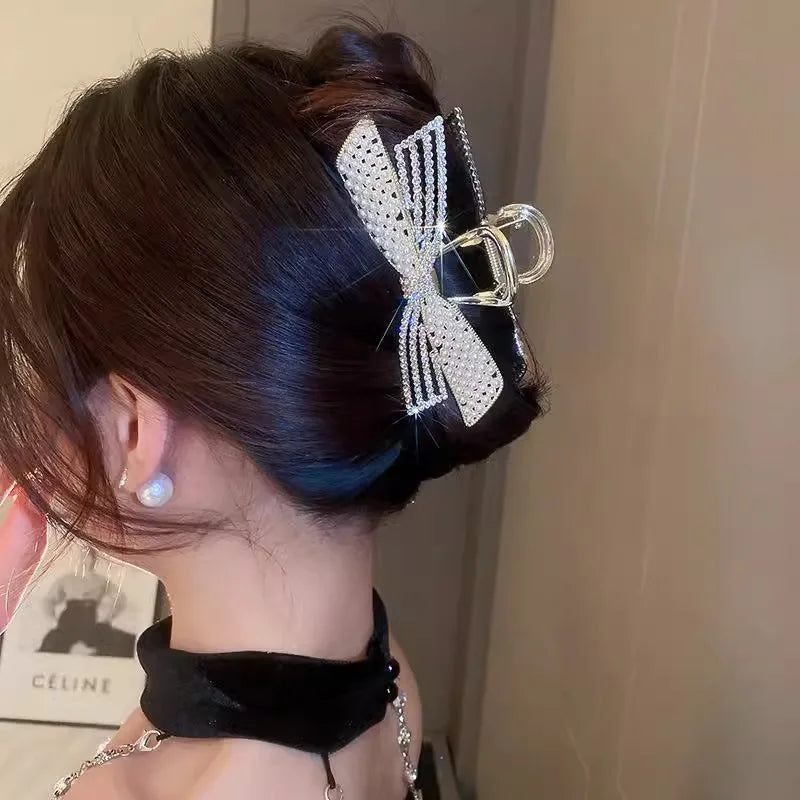 Women's Hair Claw Clip  Pearl Rhinestone Bow Shiny Metal For Girls ladies very pretty