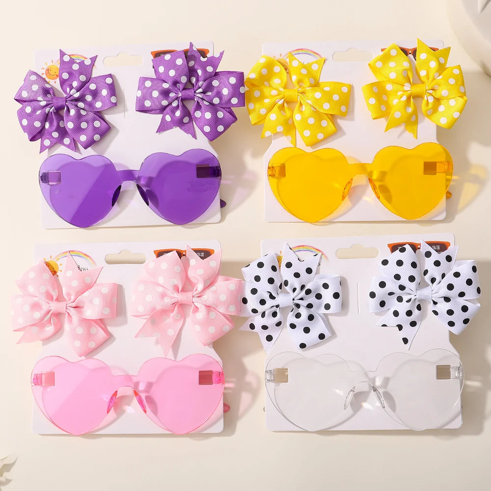 3Pcs/Pack Solid Dot Hair Bows Clip Girls Boutique Bowknot Hair Clips Kids Colorful Heart Sun Glasses Children Hair Accessories toddler photo shoot prop sent without the card packaging