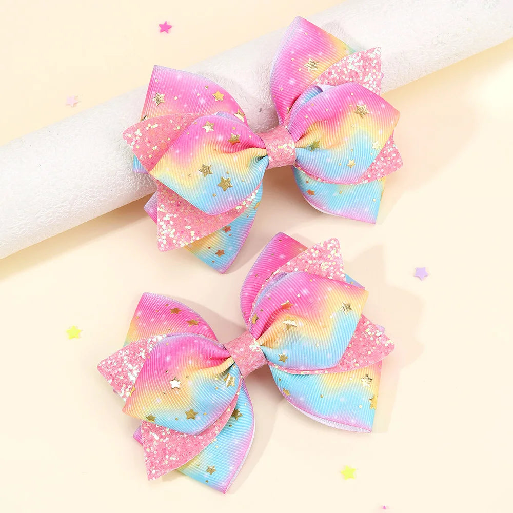 2Pcs Rainbow Star Hair Clips Sweet Glitter Sequin Hairpins New Ribbon Barrette For Girls Children Headwear Hair Accessories Gift party girls