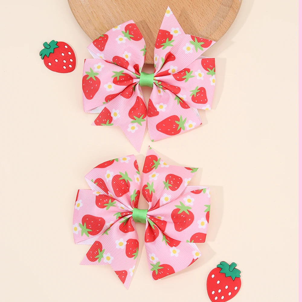 2Pcs juicu Strawberry scrunchie Hair Clips Pink Sweet Flower Print Hairpin Trendy Barrette For Girls Children Kids Headdress Accessories