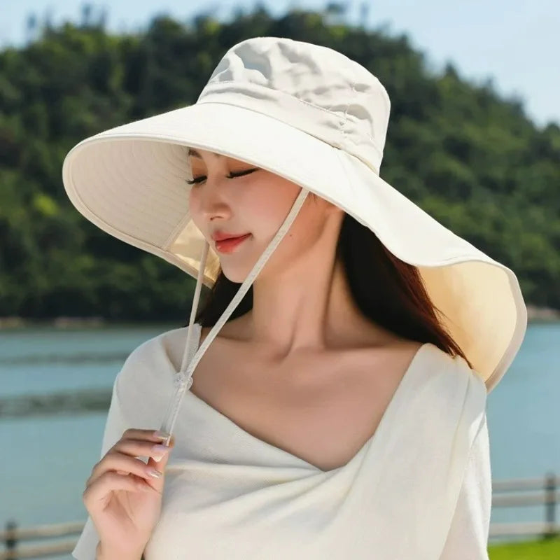 Women Large Brim UV Protection Sun Hat Summer Fiing Cap Breathable Outdoor Fishing Hiking Wide Brim Shawl Sunscreen Ponytail Cap