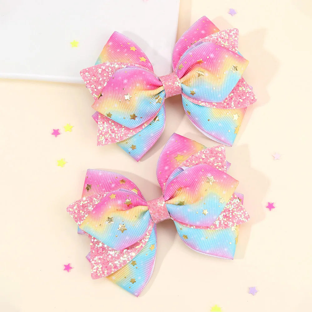 2Pcs Rainbow Star Hair Clips Sweet Glitter Sequin Hairpins New Ribbon Barrette For Girls Children Headwear Hair Accessories Gift party girls