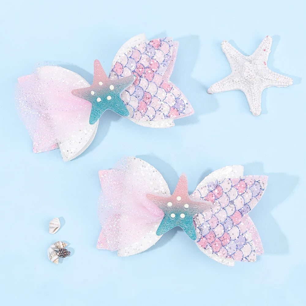 2Pcs Cartoon Mermaid Hair Clips Glitter Bow Hairpin Sparkly Barrette For Girls Children Summer Beach Headdress Hair Accessories