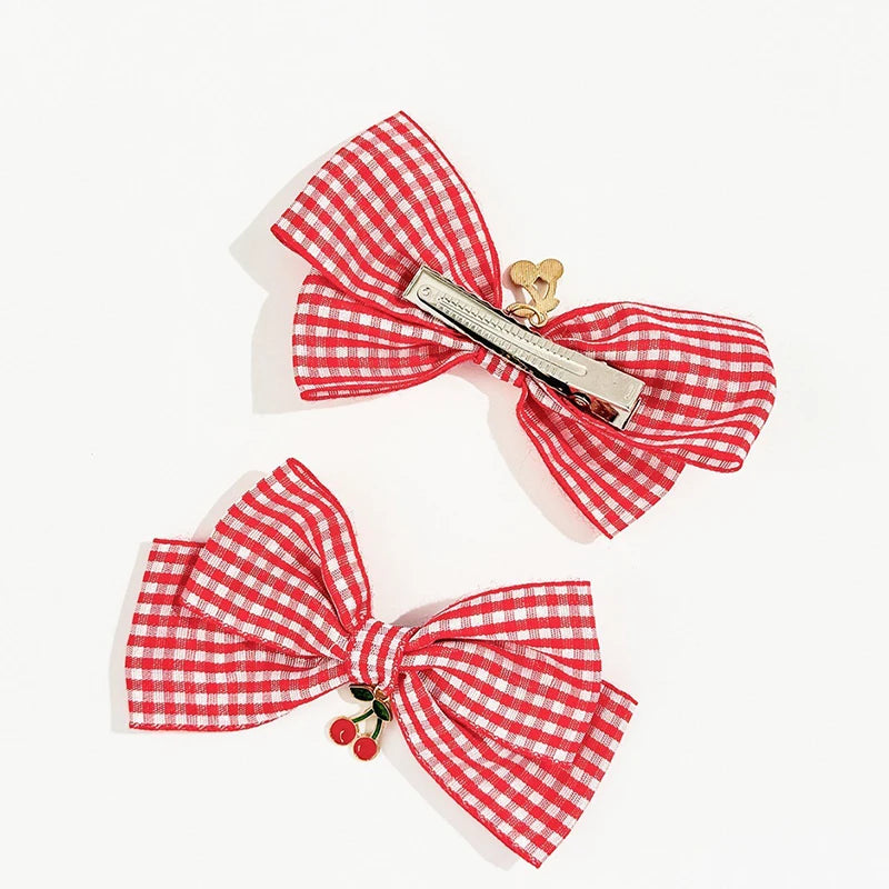 Red Bow Hair Clips Fashion Plaid Stripes Hairpins Strawberry Cherry Barrettes Sweet Lace Headwear Princess Kids Hair Accessories