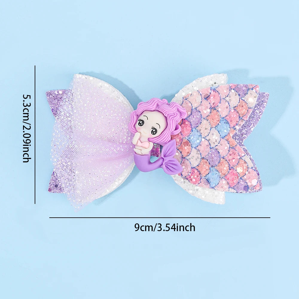 2Pcs Cartoon Mermaid Hair Clips Glitter Bow Hairpin Sparkly Barrette For Girls Children Summer Beach Headdress Hair Accessories