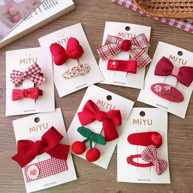 2pcs Red Colour Girl Hair Clip Christmas summer spring Bow Floral Children's Clip Sweet Hair Accessories