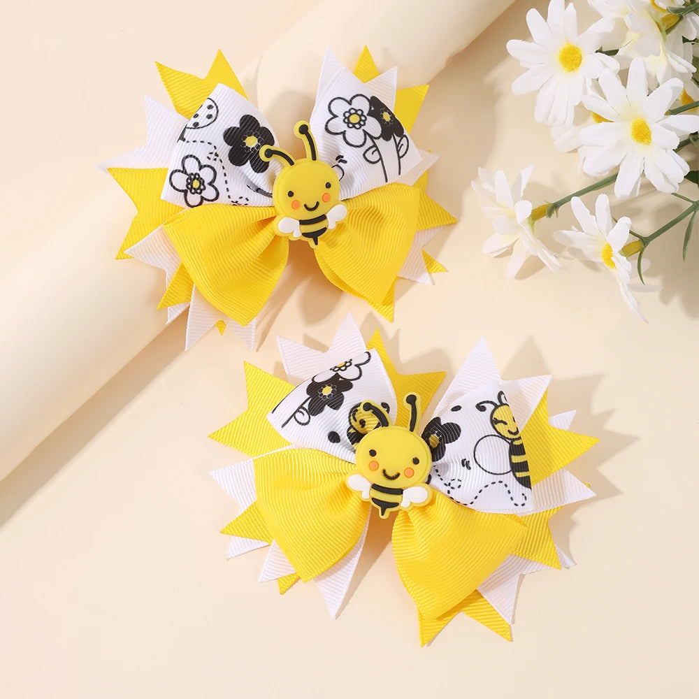 2Pcs Cartoon Floral Print Bow Hairpin Elegant Soft Gel Bee Hair Clip Back To School For Baby Girl Children Accessories Headdress