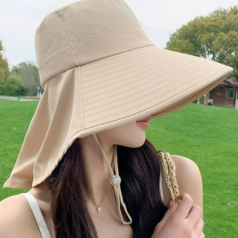 Women Large Brim UV Protection Sun Hat Summer Fiing Cap Breathable Outdoor Fishing Hiking Wide Brim Shawl Sunscreen Ponytail Cap