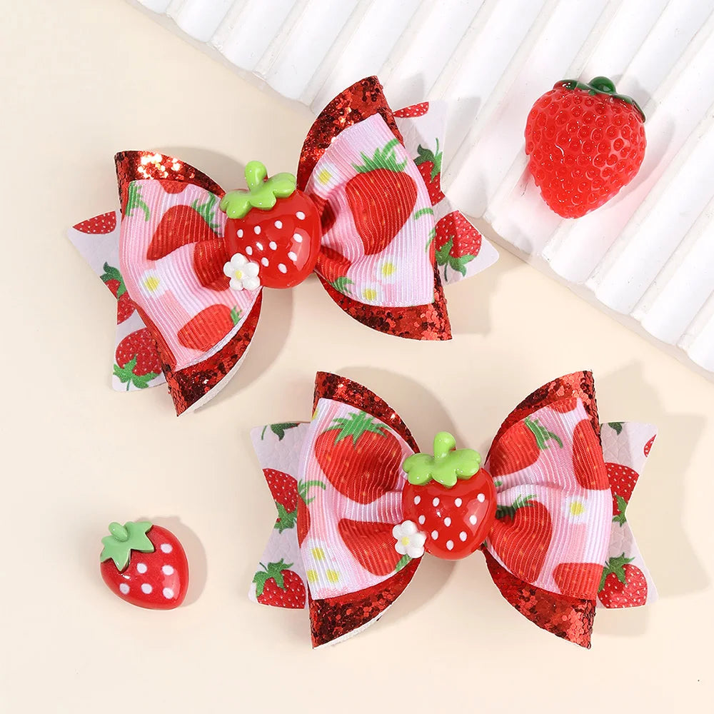2pcs/Pack Sparkling Fruit Shaped 3D Strawberry Decoration Leather Hair Clips for Girls, Toddler Girl Hair Accessories Headwear